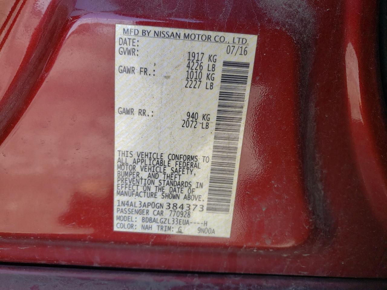 Photo 10 from auction – 2016 NISSAN ALTIMA 2.5 with VIN 1N4AL3AP0GN384373