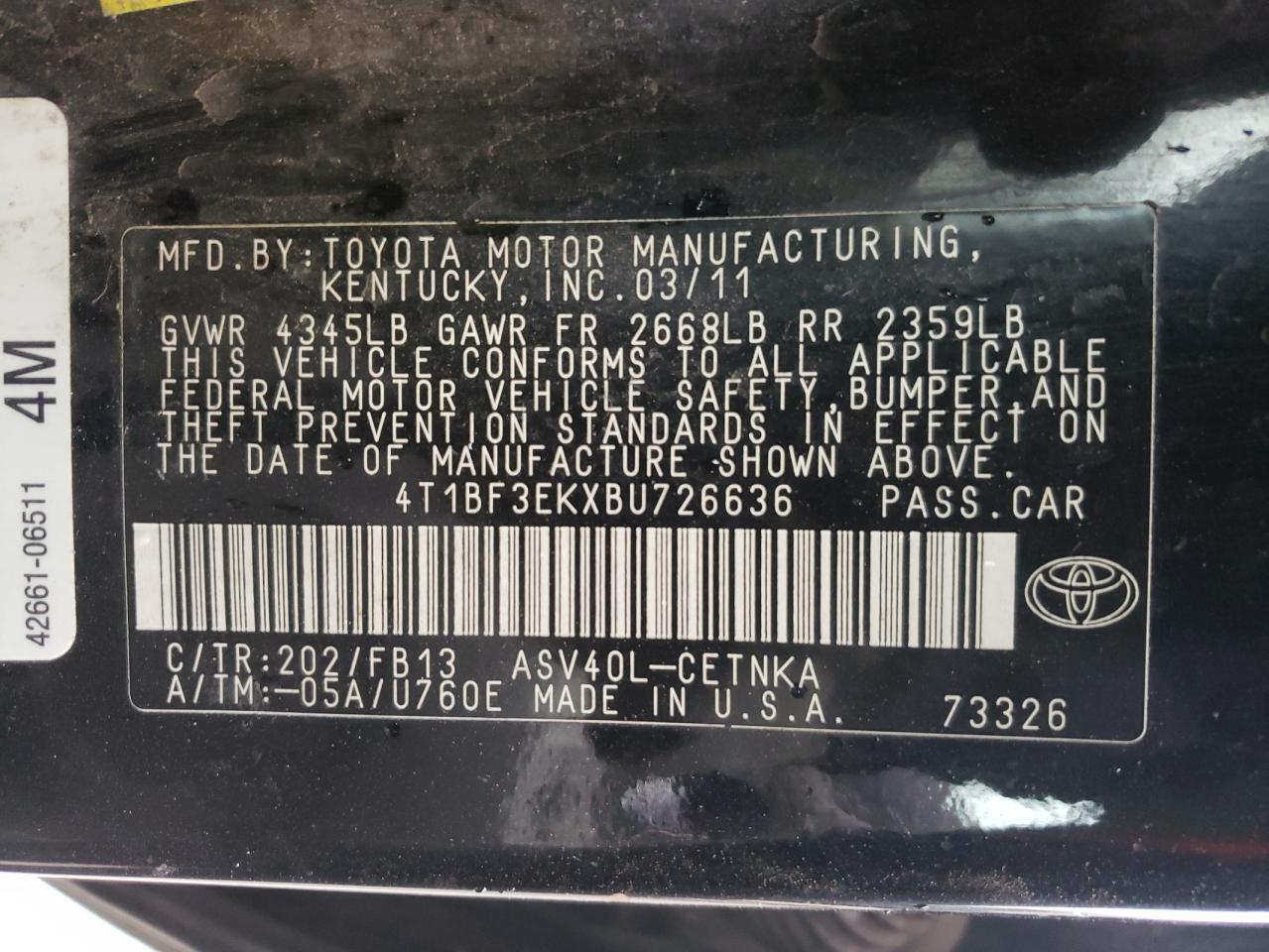 Photo 10 from auction – 2011 TOYOTA CAMRY BASE with VIN 4T1BF3EKXBU726636