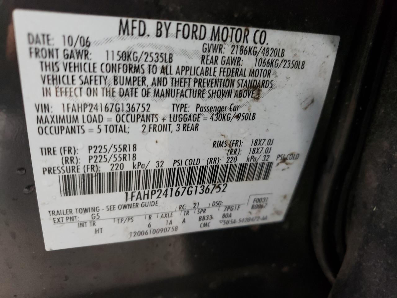 Photo 10 from auction – 2007 FORD FIVE HUNDR with VIN 1FAHP24167G136752