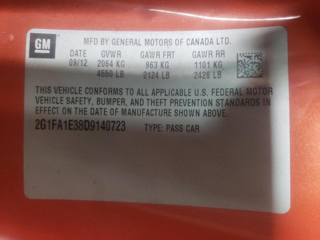 Photo 10 from auction – 2013 CHEVROLET CAMARO LS with VIN 2G1FA1E38D9140723