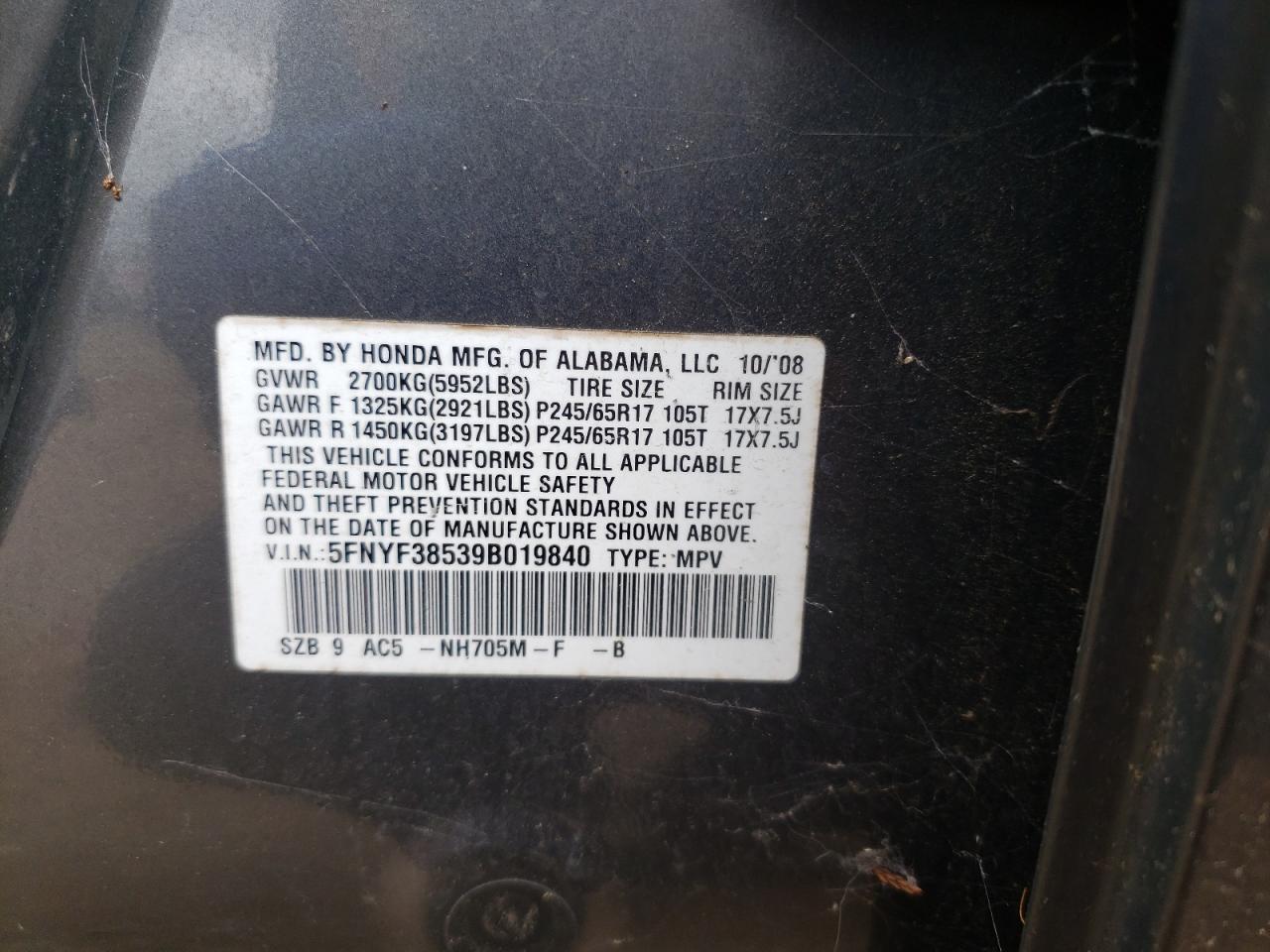Photo 10 from auction – 2009 HONDA PILOT EXL with VIN 5FNYF38539B019840