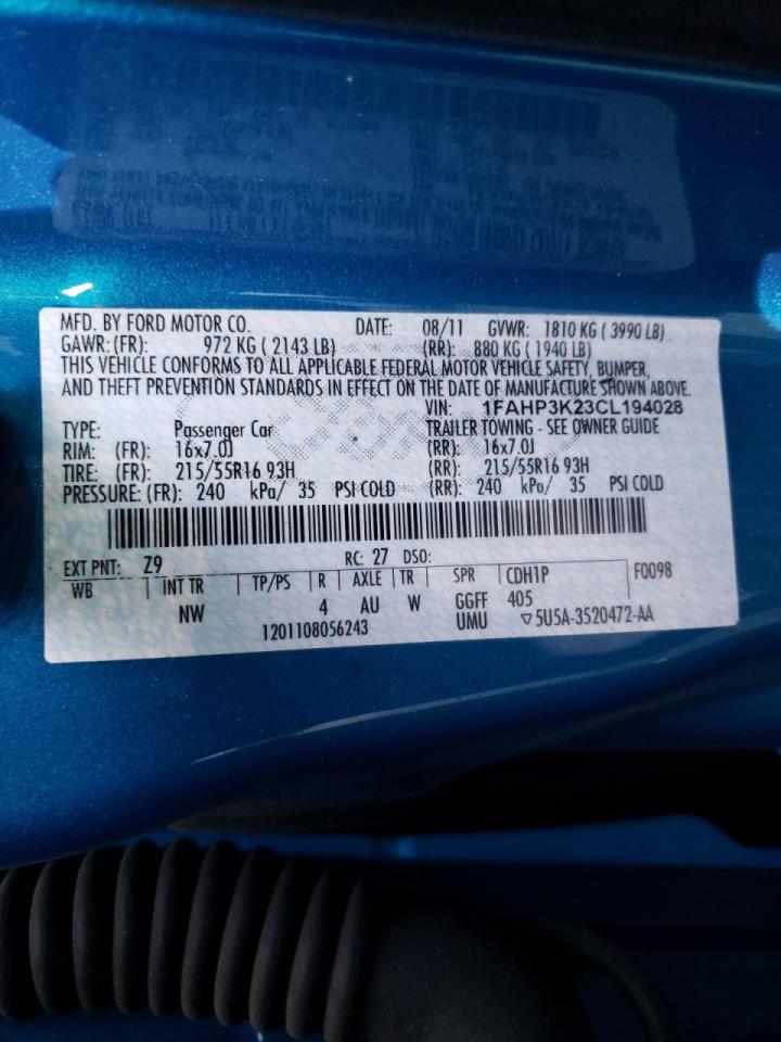 Photo 10 from auction – 2012 FORD FOCUS SE with VIN 1FAHP3K23CL194028