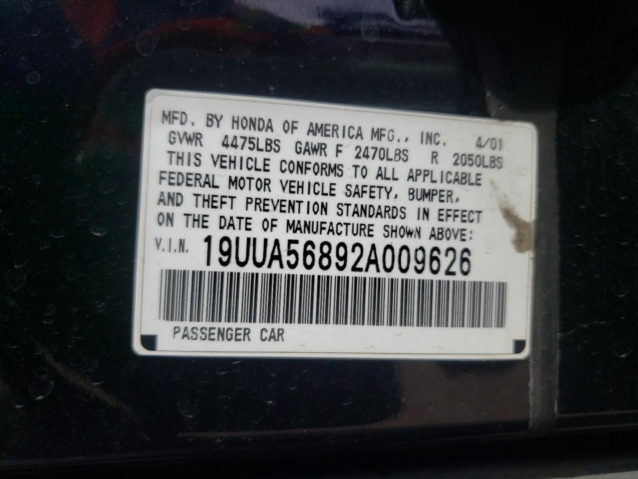 Photo 10 from auction – 2002 ACURA 3.2TL TYPE with VIN 19UUA56892A009626