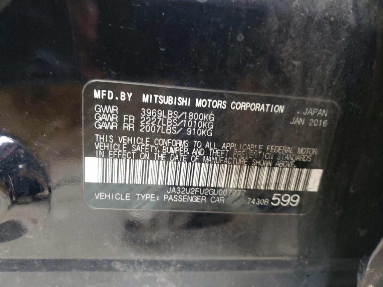 Photo 10 from auction – 2016 MITSUBISHI LANCER ES with VIN JA32U2FU2GU007777