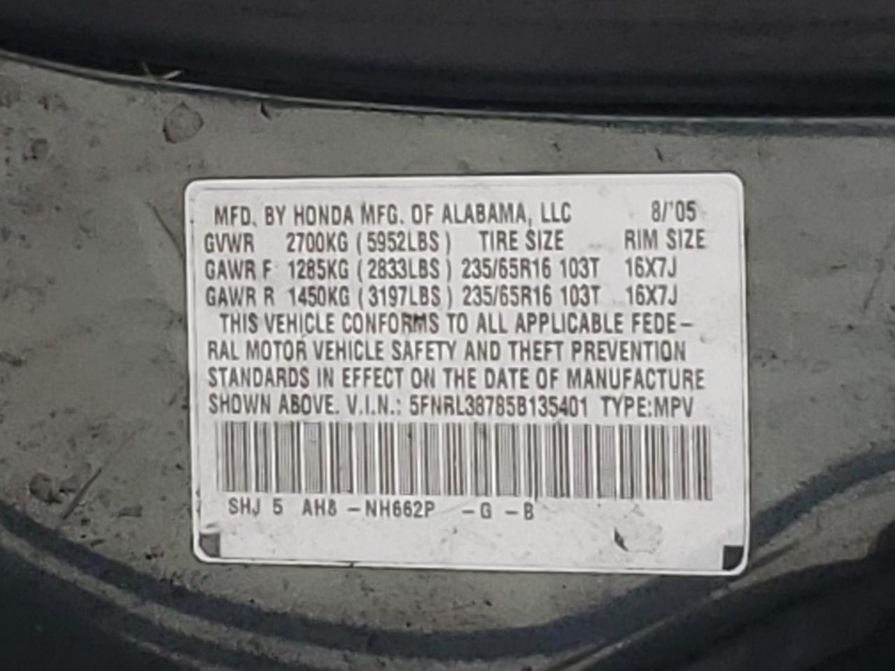 Photo 10 from auction – 2005 HONDA ODYSSEY EX with VIN 5FNRL38785B135401