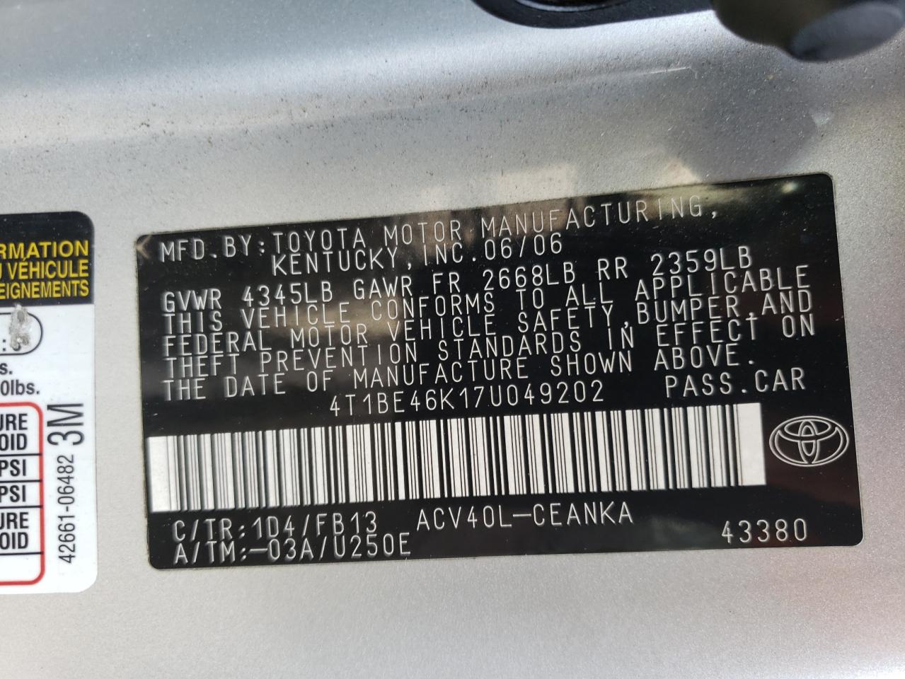 Photo 10 from auction – 2007 TOYOTA CAMRY CE with VIN 4T1BE46K17U049202