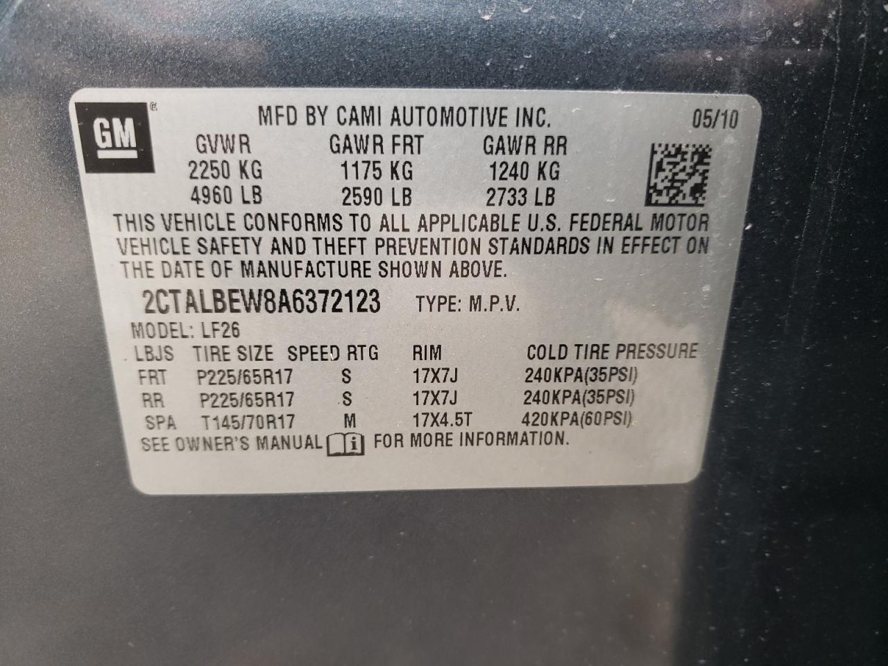 Photo 10 from auction – 2010 GMC TERRAIN SL with VIN 2CTALBEW8A6372123