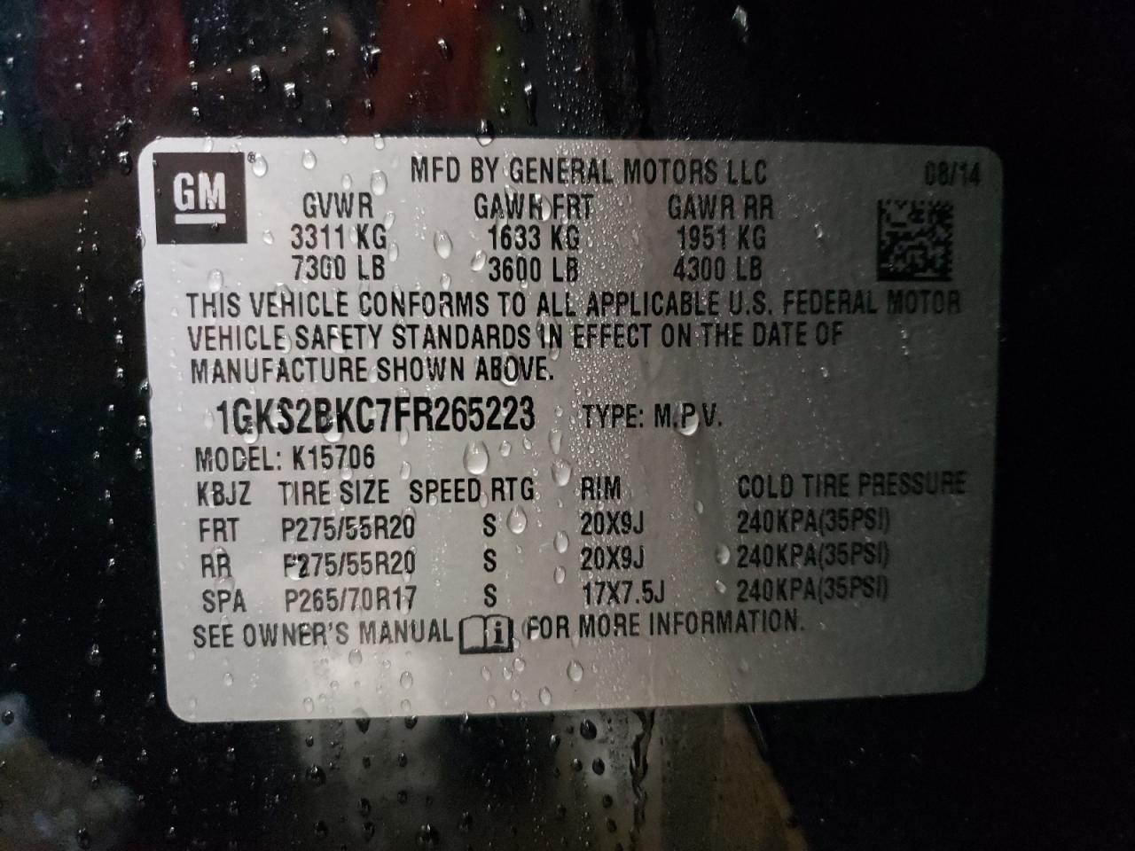Photo 10 from auction – 2015 GMC YUKON SLT with VIN 1GKS2BKC7FR265223