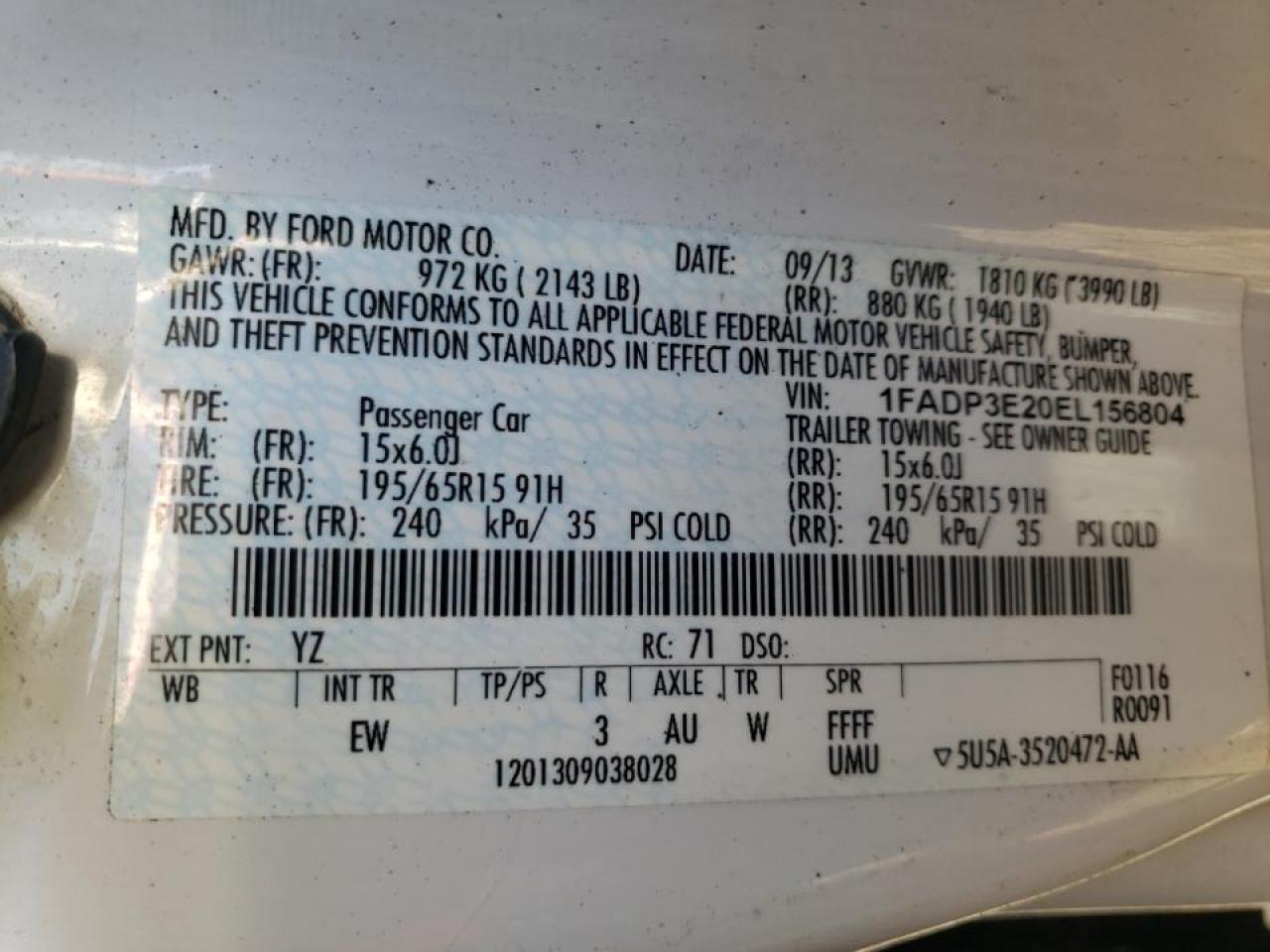 Photo 10 from auction – 2014 FORD FOCUS S with VIN 1FADP3E20EL156804