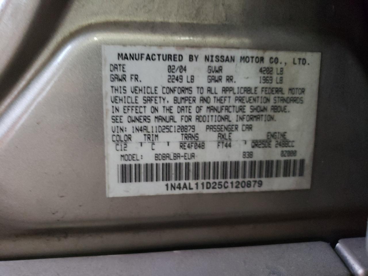 Photo 10 from auction – 2005 NISSAN ALTIMA S with VIN 1N4AL11D25C120879