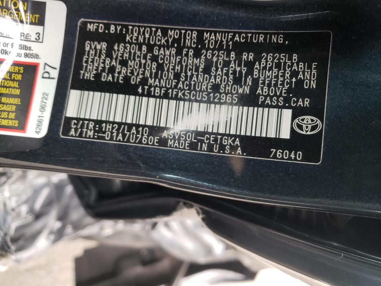 Фото 10 с аукциона – 2012 TOYOTA CAMRY BASE с VIN 4T1BF1FK5CU512965