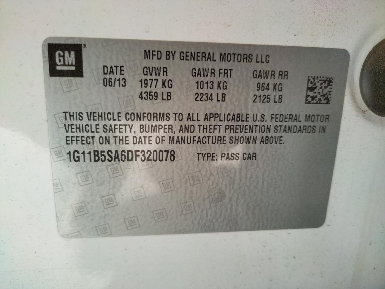 Photo 10 from auction – 2013 CHEVROLET MALIBU LS with VIN 1G11B5SA6DF320078