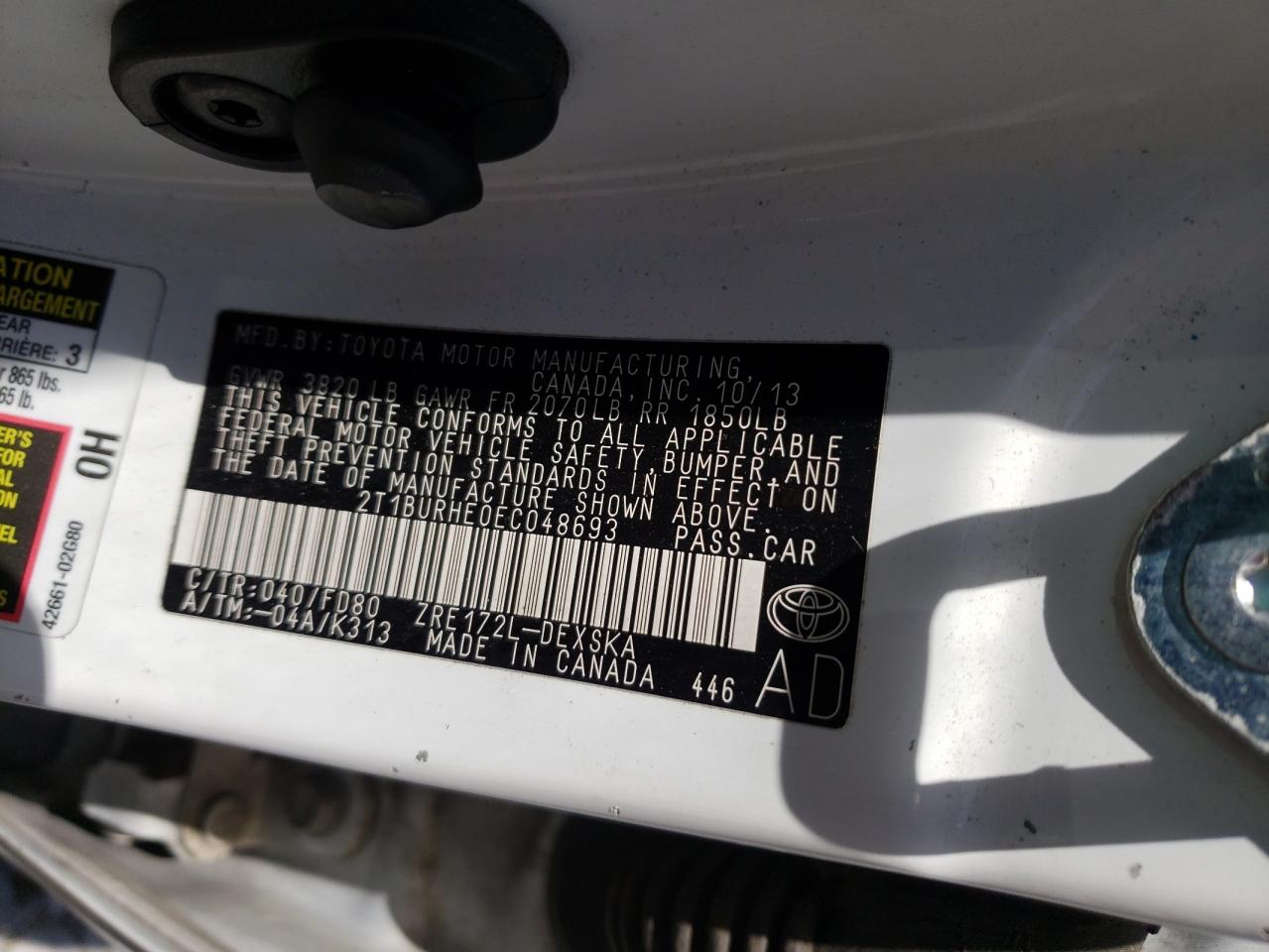 Photo 10 from auction – 2014 TOYOTA COROLLA L with VIN 2T1BURHE0EC048693
