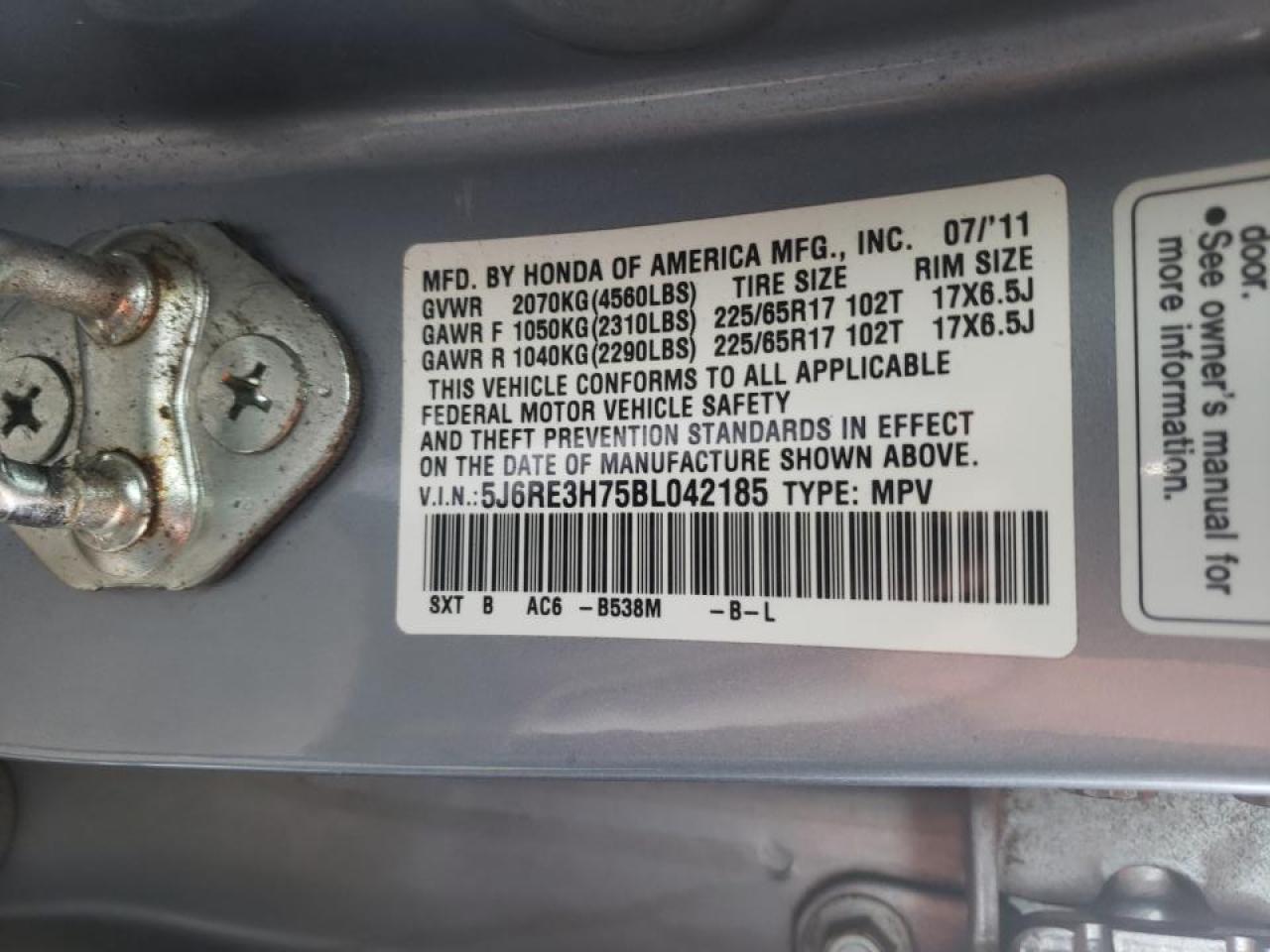 Photo 10 from auction – 2011 HONDA CR-V EXL with VIN 5J6RE3H75BL042185