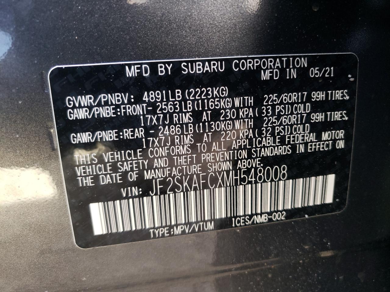 Photo 10 from auction – 2021 SUBARU FORESTER P with VIN JF2SKAFCXMH548008