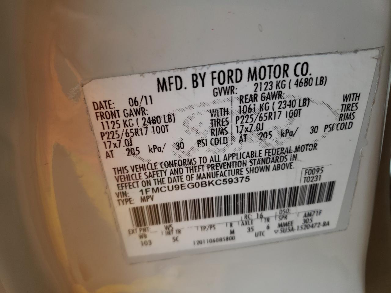 Photo 10 from auction – 2011 FORD ESCAPE LIM with VIN 1FMCU9EG0BKC59375