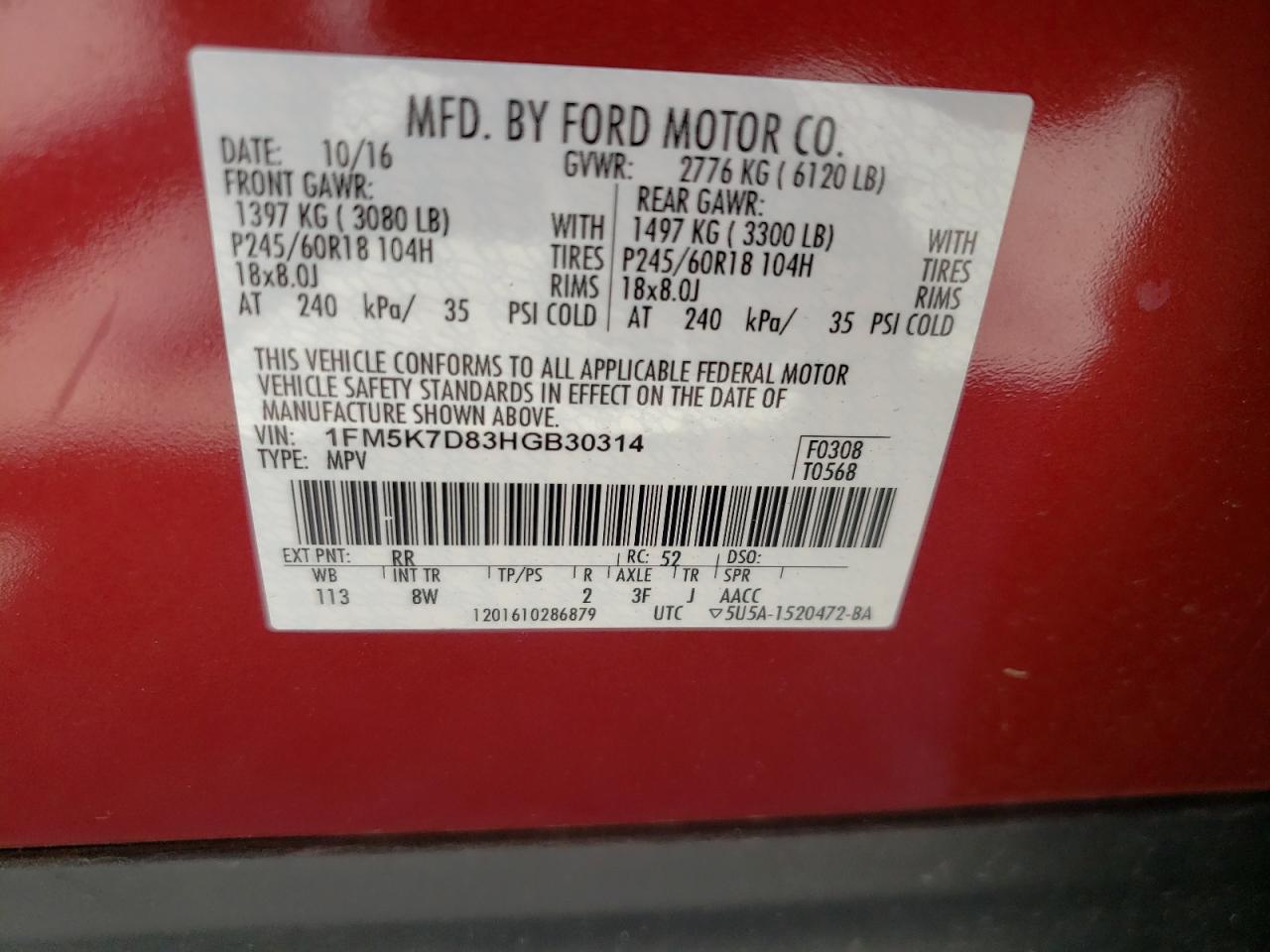 Photo 10 from auction – 2017 FORD EXPLORER X with VIN 1FM5K7D83HGB30314