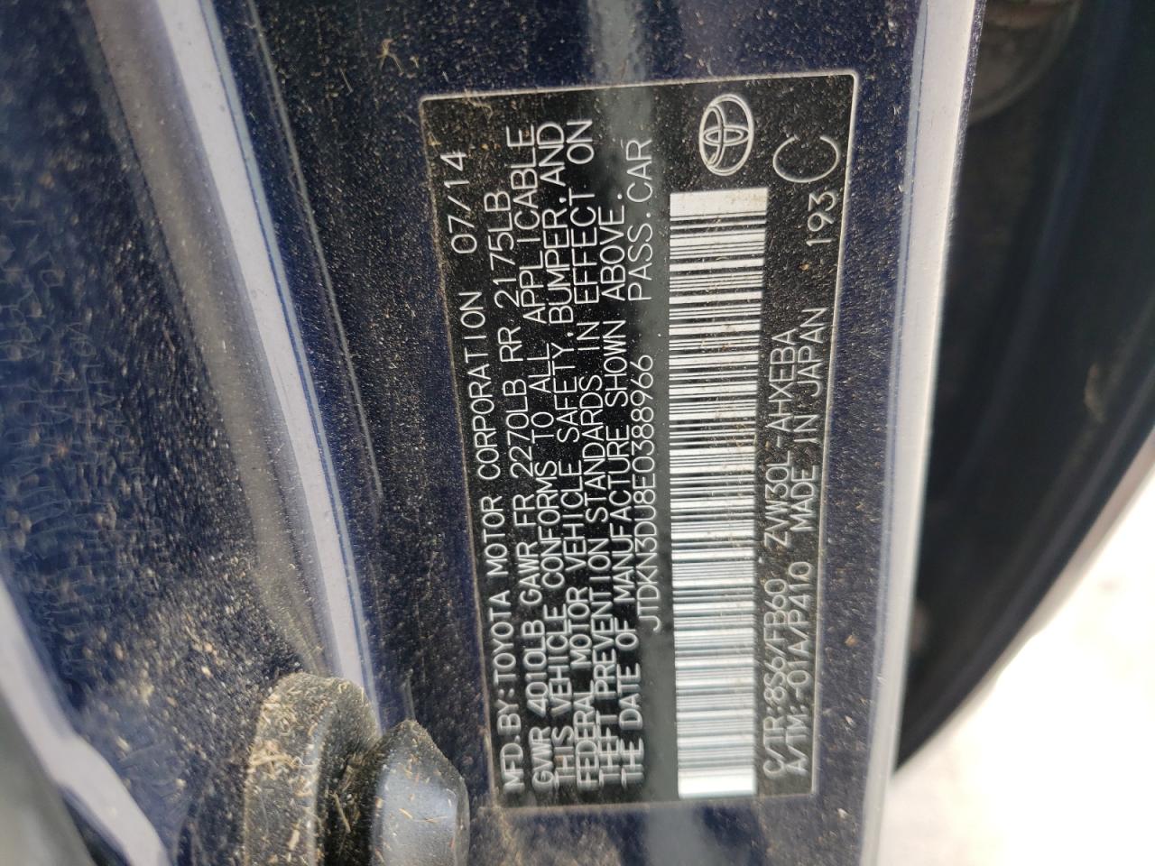 Photo 10 from auction – 2014 TOYOTA PRIUS with VIN JTDKN3DU8E0388966