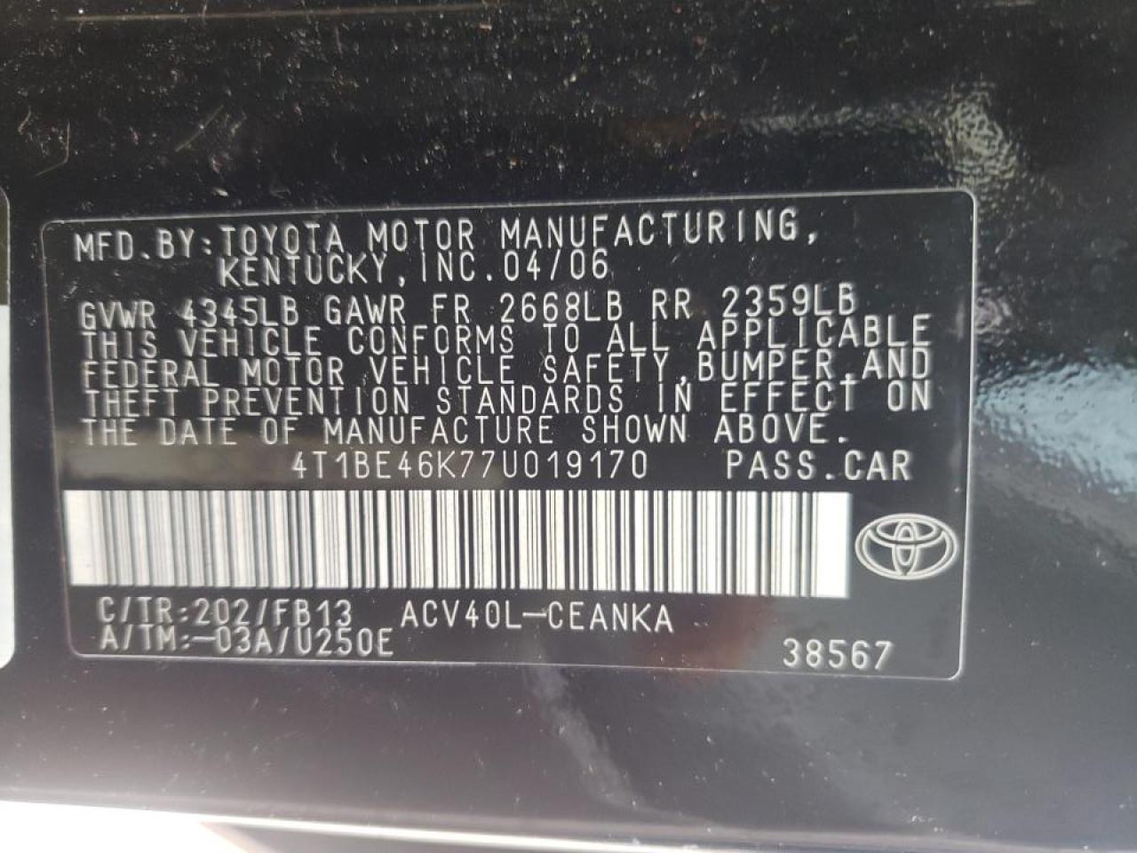 Photo 10 from auction – 2007 TOYOTA CAMRY CE with VIN 4T1BE46K77U019170