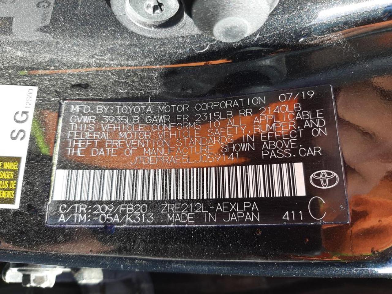 Photo 10 from auction – 2020 TOYOTA COROLLA LE with VIN JTDEPRAE5LJ059141