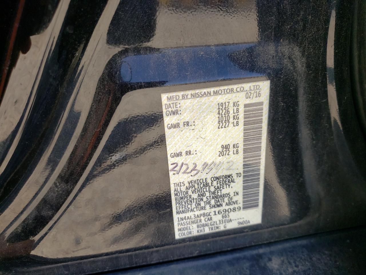 Photo 10 from auction – 2016 NISSAN ALTIMA 2.5 with VIN 1N4AL3AP8GC169089