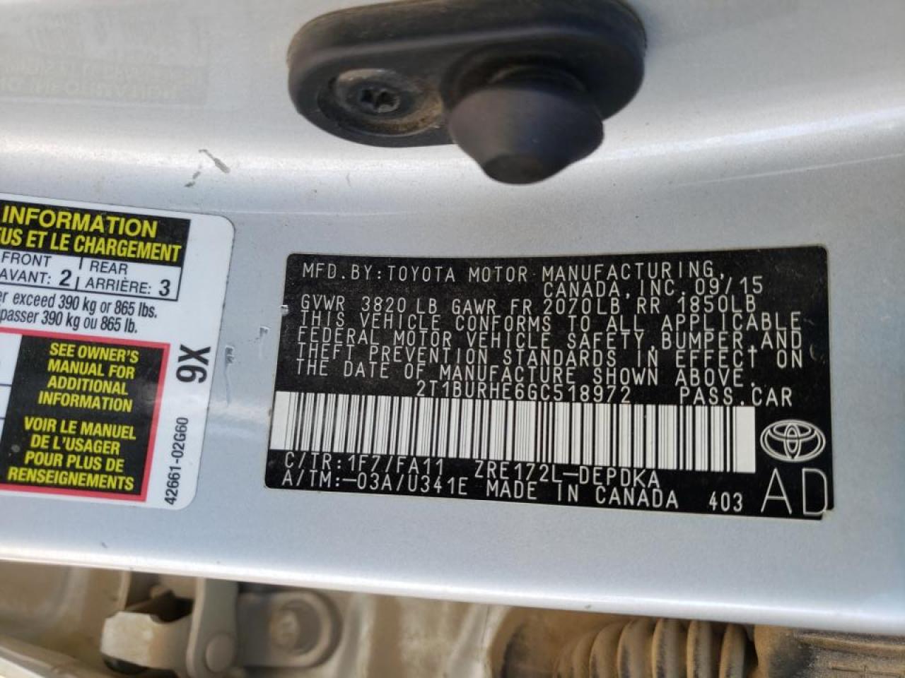 Photo 10 from auction – 2016 TOYOTA COROLLA L with VIN 2T1BURHE6GC518972