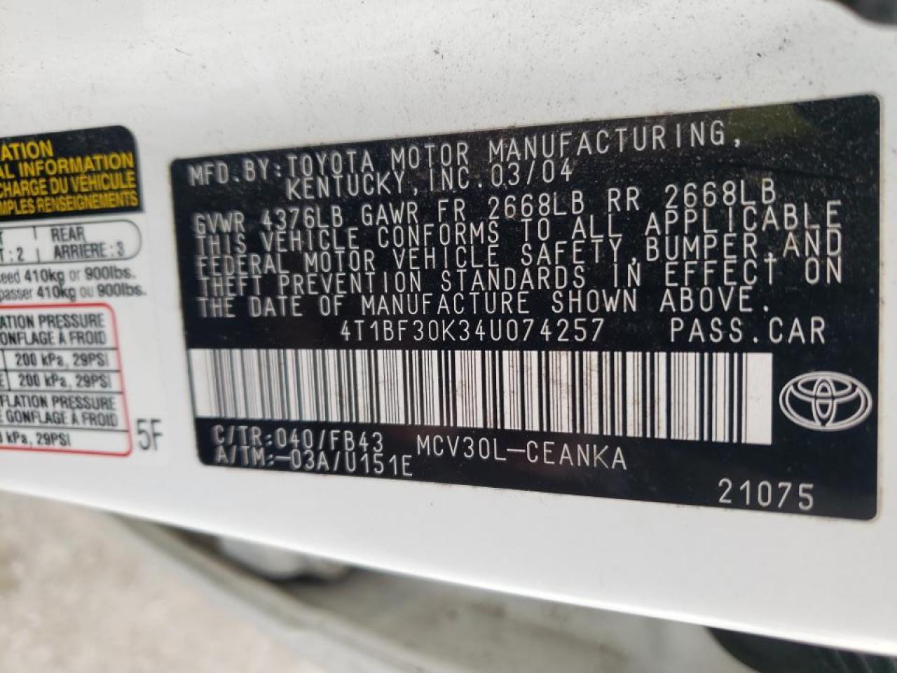 Photo 10 from auction – 2004 TOYOTA CAMRY LE with VIN 4T1BF30K34U074257