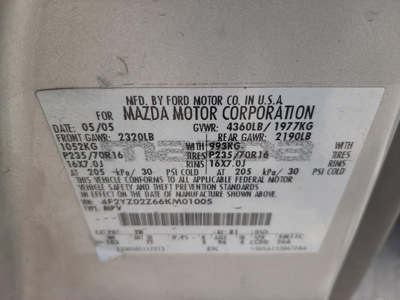 Photo 10 from auction – 2006 MAZDA TRIBUTE I with VIN 4F2YZ02Z66KM01005