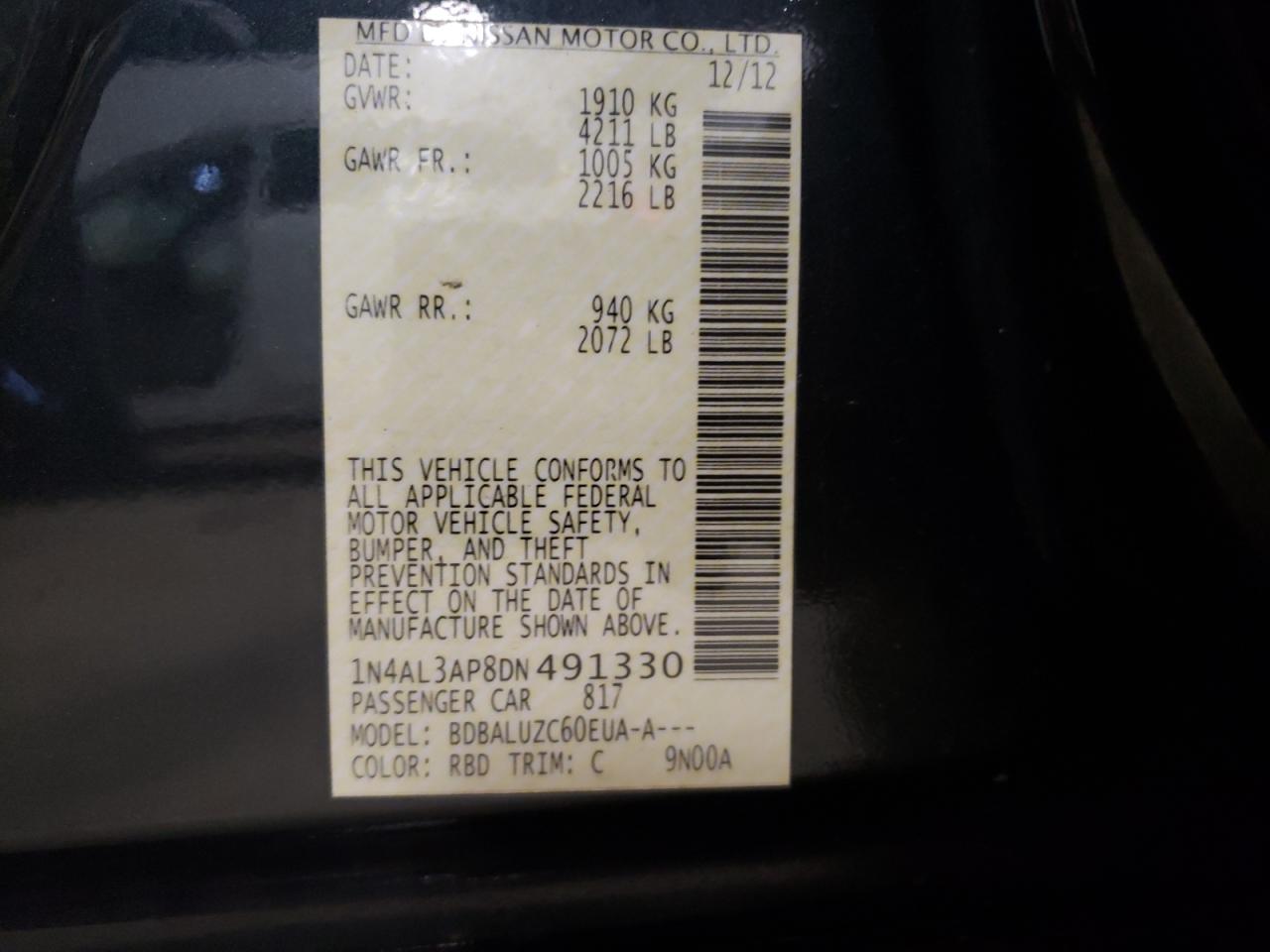 Photo 10 from auction – 2013 NISSAN ALTIMA 2.5 with VIN 1N4AL3AP8DN491330