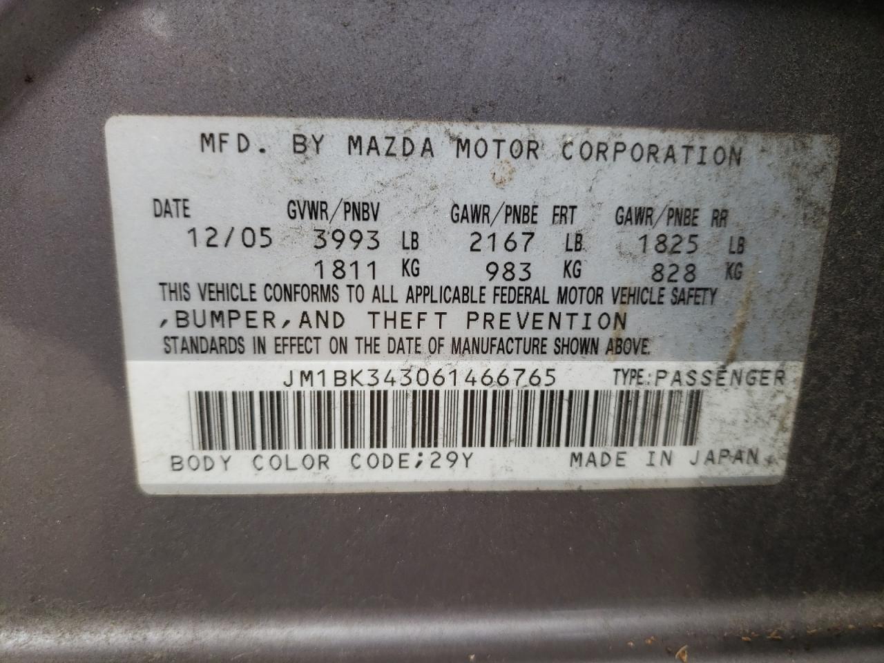 Photo 10 from auction – 2006 MAZDA 3 HATCHBAC with VIN JM1BK343061466765
