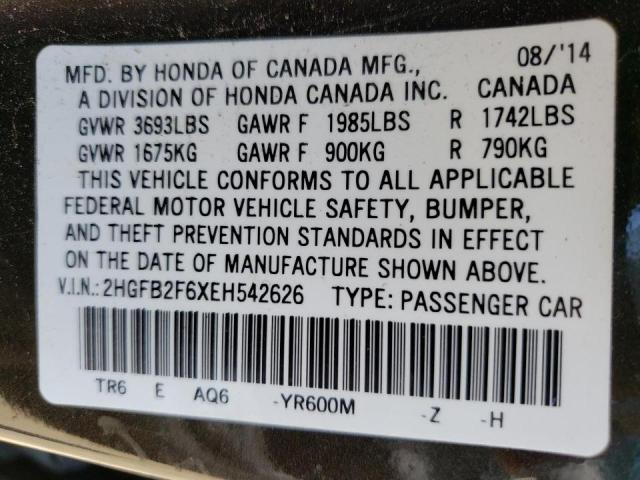 Photo 10 from auction – 2014 HONDA CIVIC HF with VIN 2HGFB2F6XEH542626