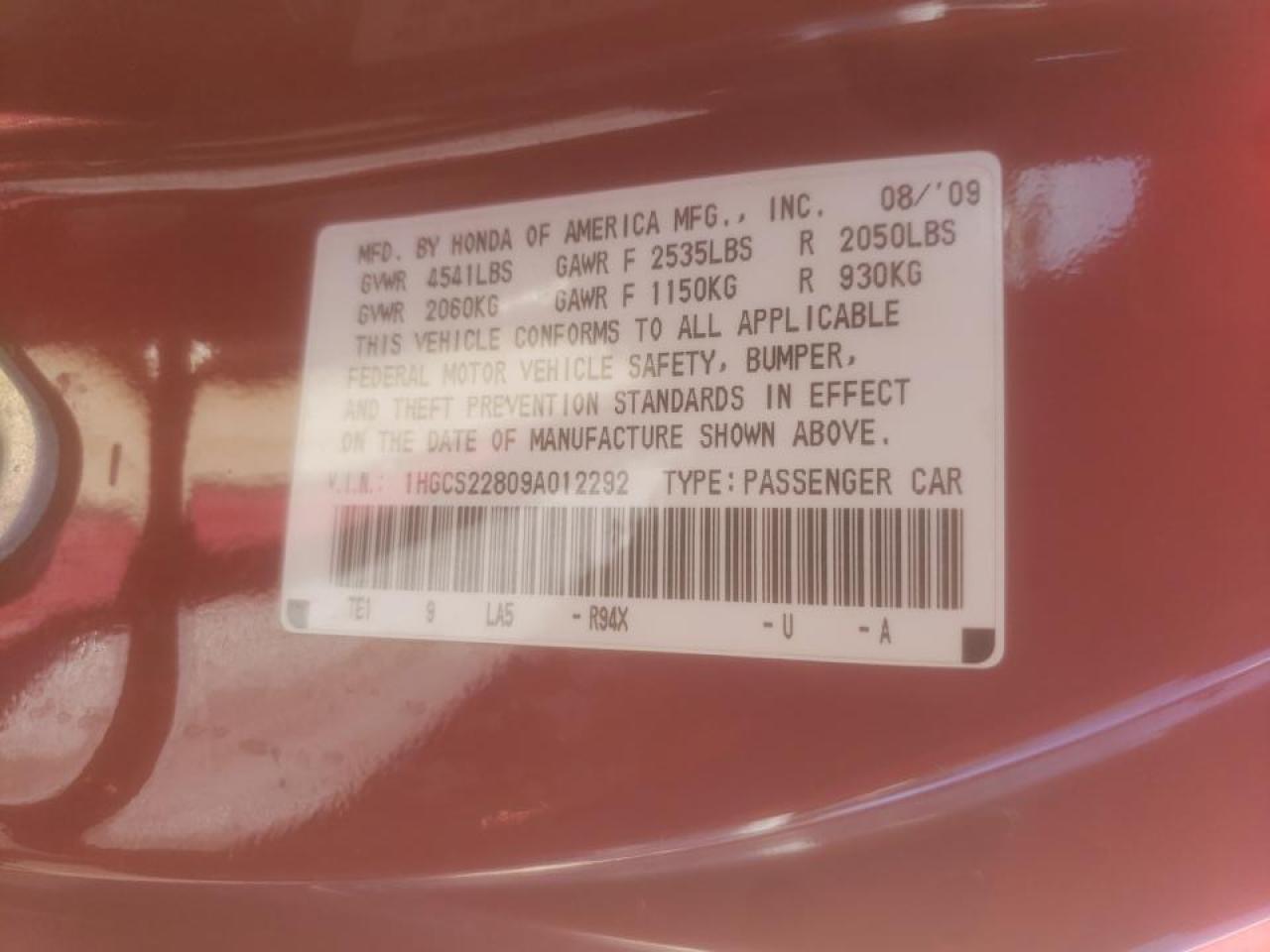 Photo 10 from auction – 2009 HONDA ACCORD EXL with VIN 1HGCS22809A012292