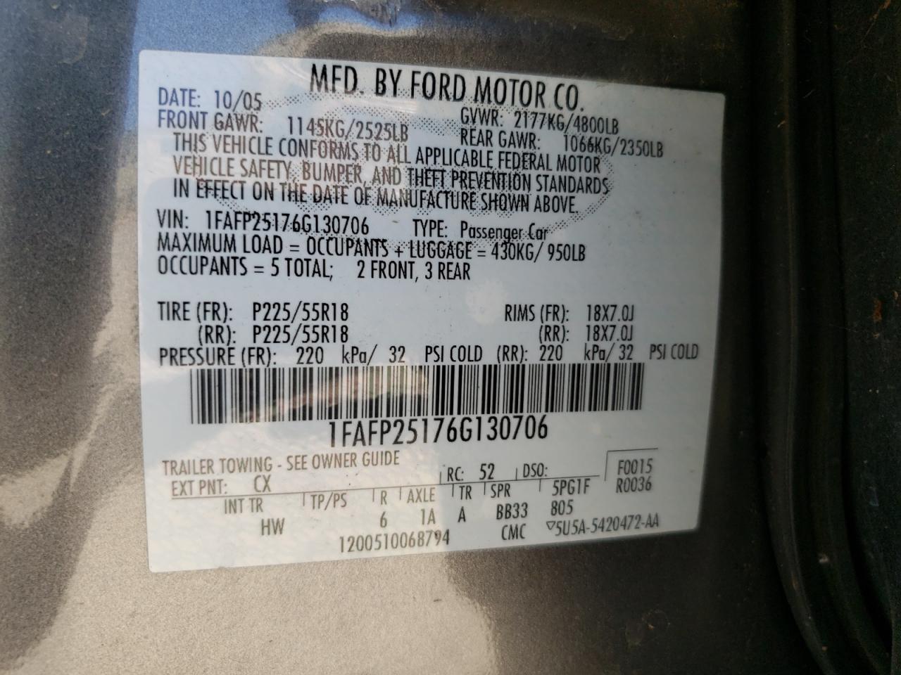 Photo 10 from auction – 2006 FORD FIVE HUNDR with VIN 1FAFP25176G130706