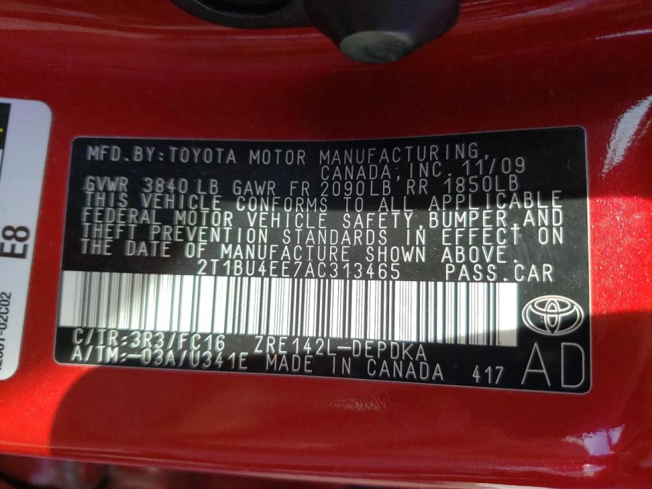 Photo 10 from auction – 2010 TOYOTA COROLLA BA with VIN 2T1BU4EE7AC313465