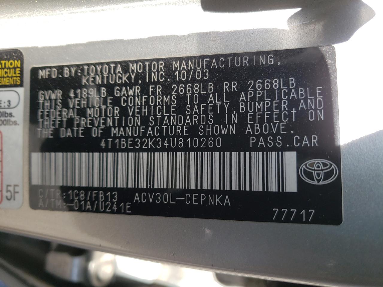 Photo 10 from auction – 2004 TOYOTA CAMRY with VIN 4T1BE32K34U810260