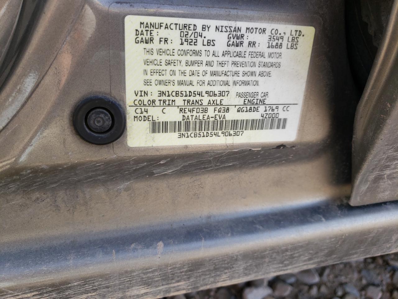Photo 10 from auction – 2004 NISSAN SENTRA 1.8 with VIN 3N1CB51D54L906307