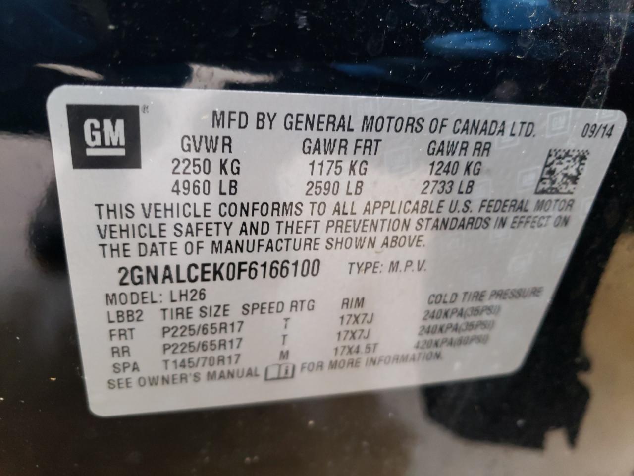 Photo 10 from auction – 2015 CHEVROLET EQUINOX LT with VIN 2GNALCEK0F6166100
