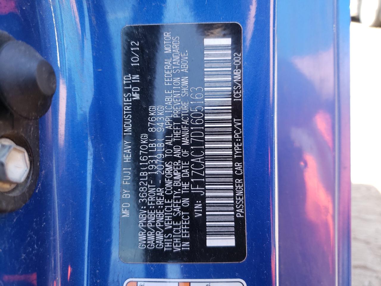 Photo 10 from auction – 2013 SUBARU BRZ 2.0 LI with VIN JF1ZCAC17D1605163