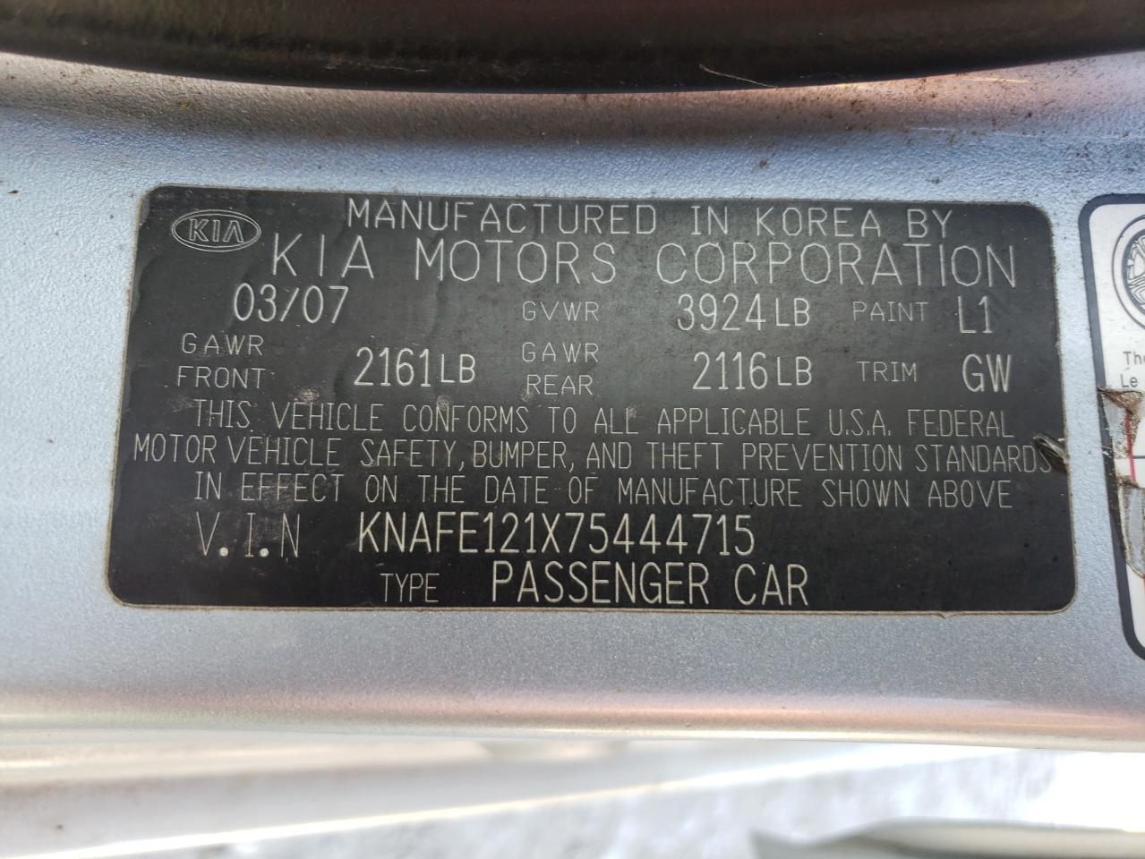 Photo 10 from auction – 2007 KIA SPECTRA EX with VIN KNAFE121X75444715