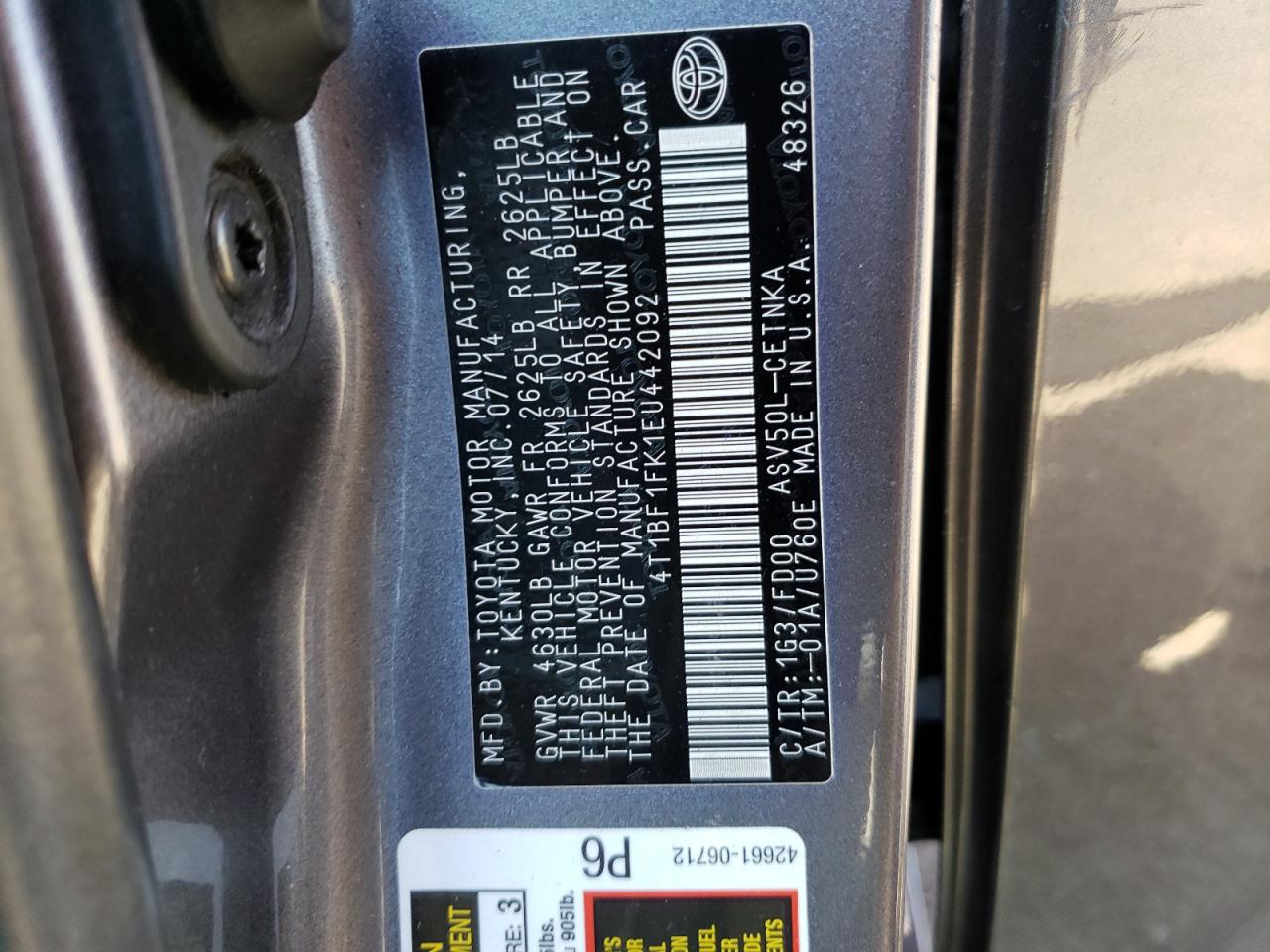 Photo 10 from auction – 2014 TOYOTA CAMRY L with VIN 4T1BF1FK1EU442092