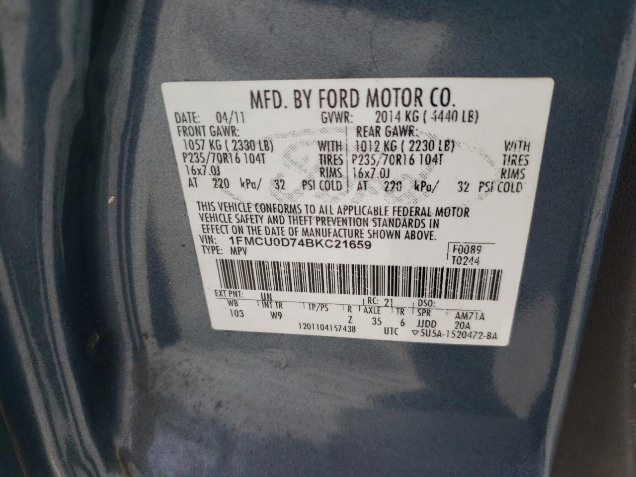 Photo 10 from auction – 2011 FORD ESCAPE XLT with VIN 1FMCU0D74BKC21659