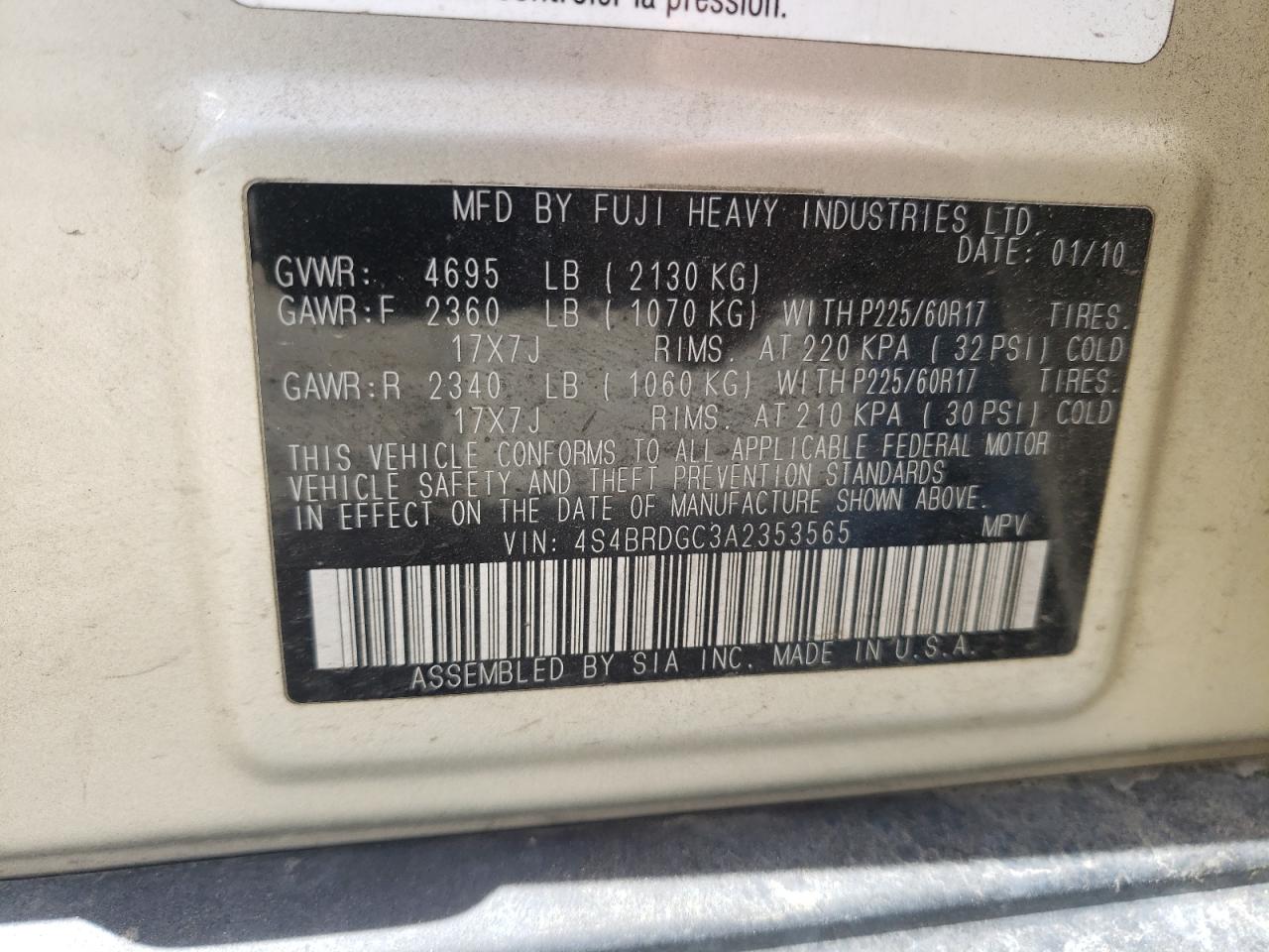 Photo 10 from auction – 2010 SUBARU OUTBACK 3. with VIN 4S4BRDGC3A2353565