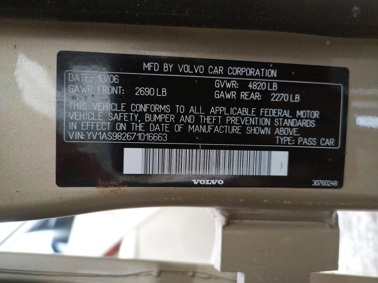 Photo 10 from auction – 2007 VOLVO S80 3.2 with VIN YV1AS982671016663