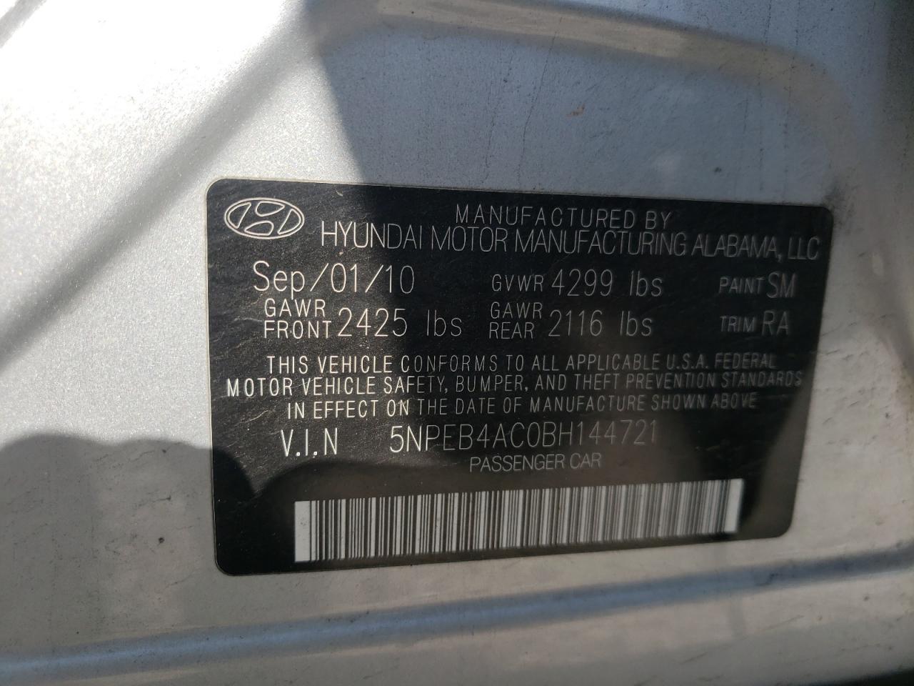 Photo 10 from auction – 2011 HYUNDAI SONATA GLS with VIN 5NPEB4AC0BH144721