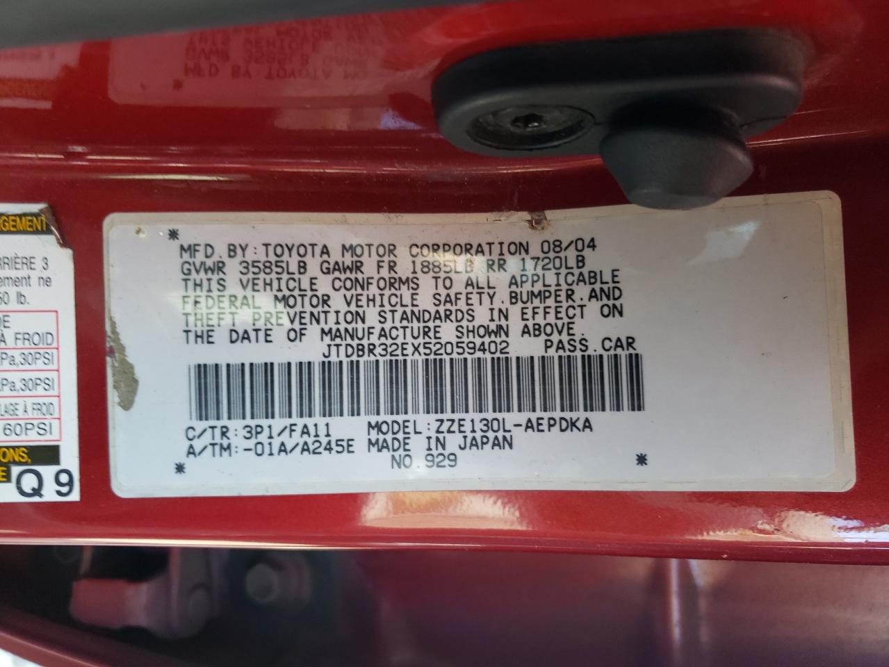 Photo 10 from auction – 2005 TOYOTA COROLLA CE with VIN JTDBR32EX52059402