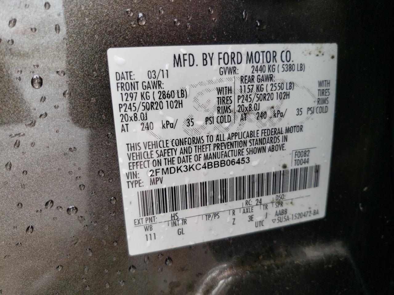 Photo 10 from auction – 2011 FORD EDGE LIMIT with VIN 2FMDK3KC4BBB06453
