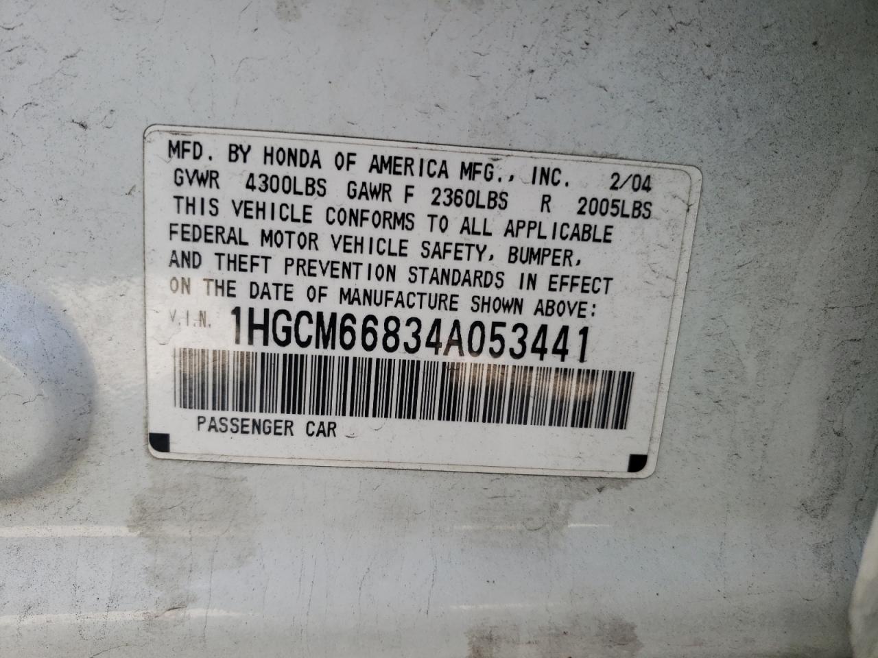 Photo 10 from auction – 2004 HONDA ACCORD EX with VIN 1HGCM66834A053441