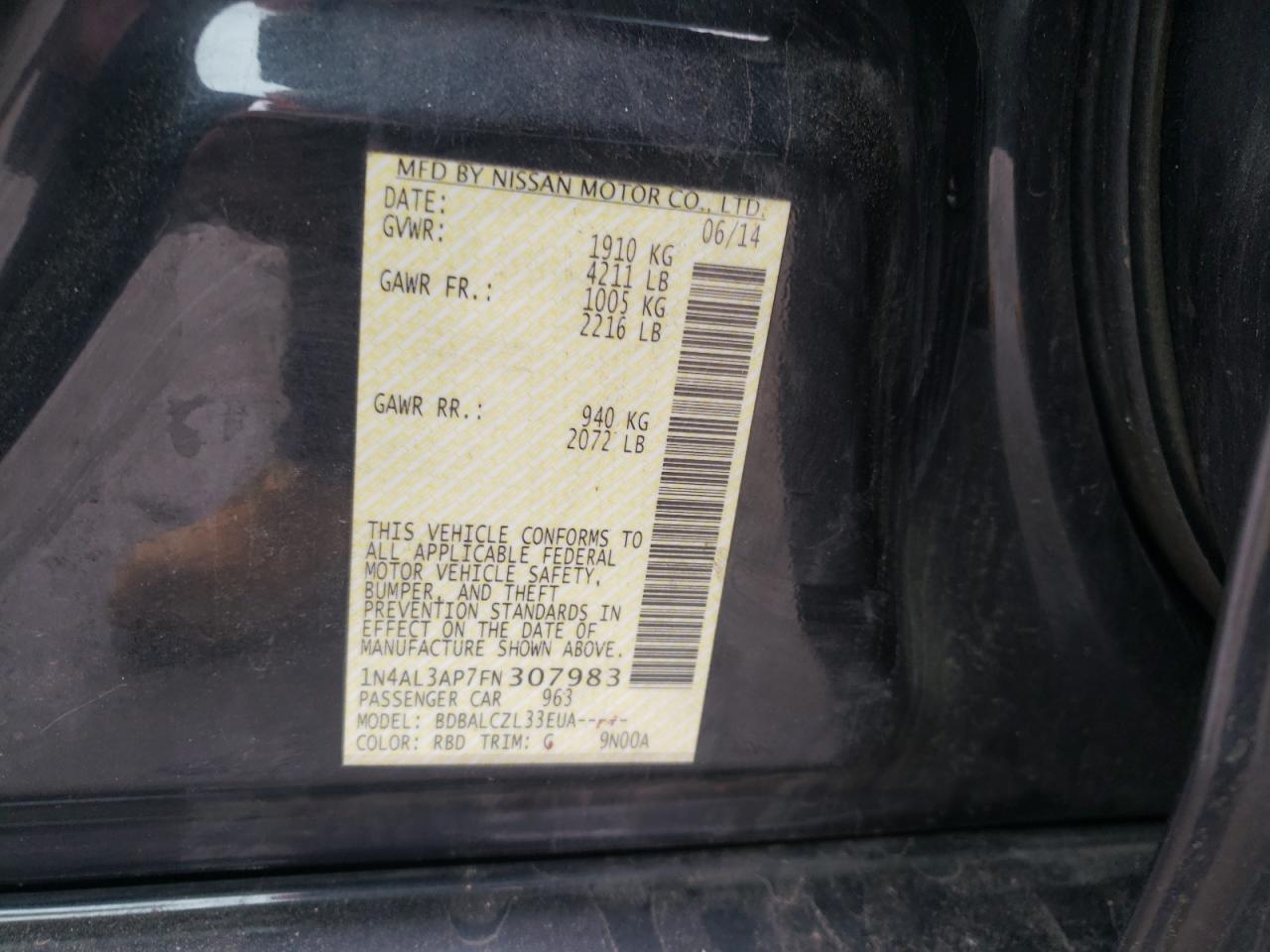 Photo 10 from auction – 2015 NISSAN ALTIMA 2.5 with VIN 1N4AL3AP7FN307983