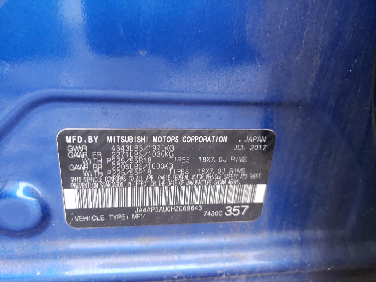 Photo 10 from auction – 2017 MITSUBISHI OUTLANDER with VIN JA4AP3AU0HZ068643