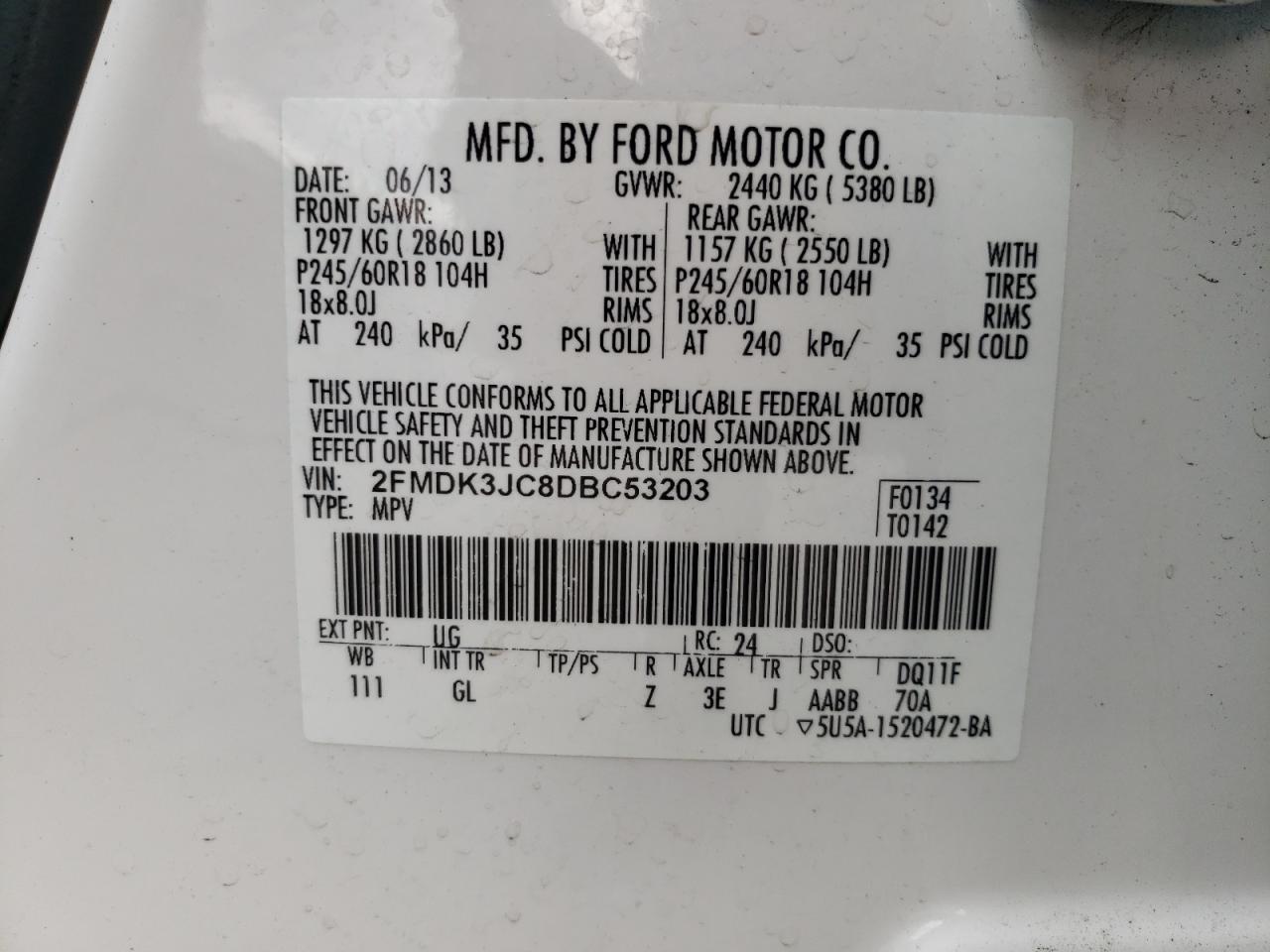 Photo 10 from auction – 2013 FORD EDGE SEL with VIN 2FMDK3JC8DBC53203
